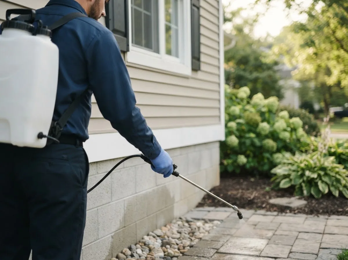 Pest control technician inspecting a home in Canadian, TX